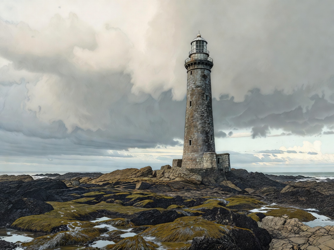 Illustrated Bell Rock lighthouse above a low tidal reef