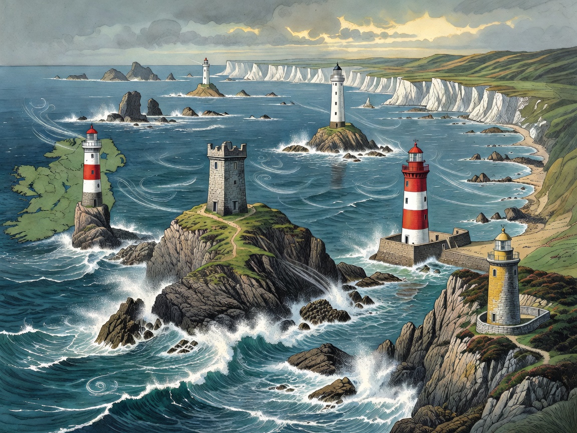 Illustrated British and Irish coastline with five lighthouse towers
