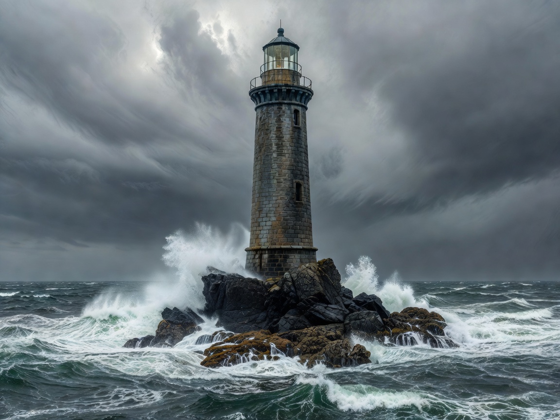Illustrated stone lighthouse on the Eddystone reef