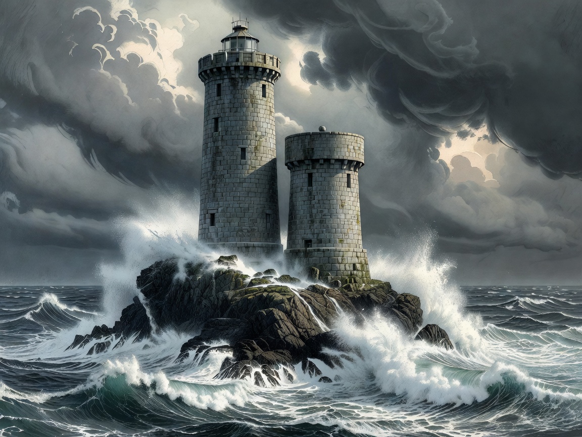 Illustrated Fastnet Rock lighthouse with granite towers