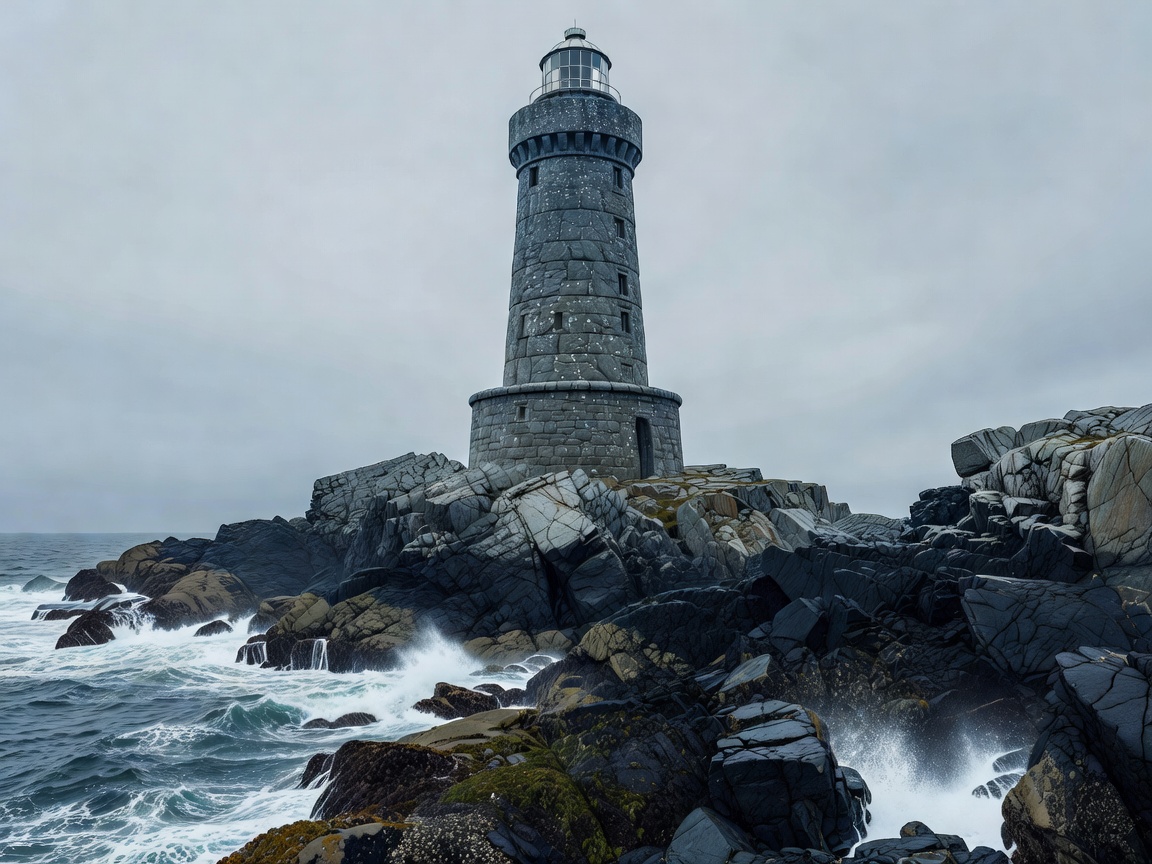 Illustrated tall granite Skerryvore lighthouse on dark rocks