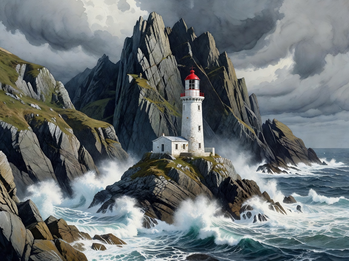 Illustrated South Stack lighthouse beside steep coastal cliffs